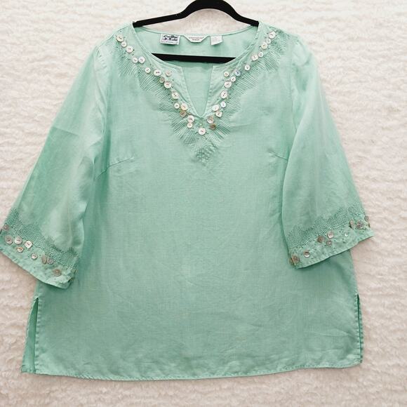 Tunic Size 1X Irish Linen Mint MOP Button Boho Minimalist Quiet Luxury Old Money - Picture 1 of 16